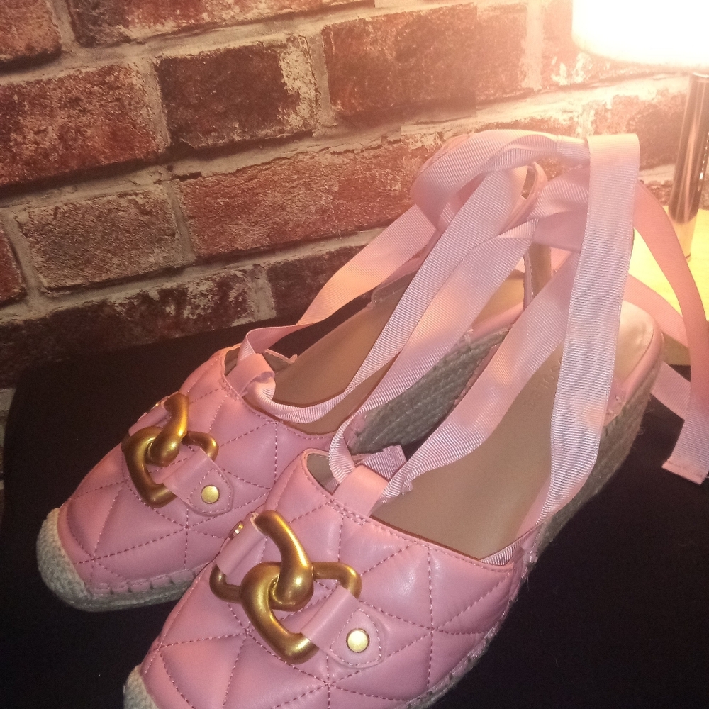 NWT Pink Leather Espadrilles Ribbon Tie Up - Aerosoles
